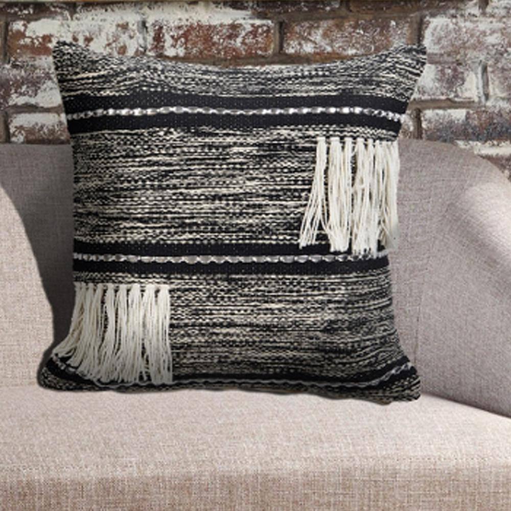 18'' Black and Off-White Striped Cotton Pillow with Fringe