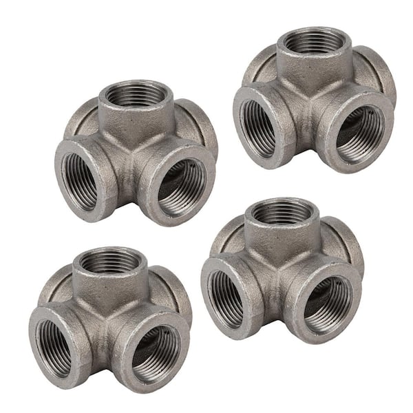 PIPE DECOR 3/4 in. 5-Way Black Iron Cross with Side Outlet Fitting (4-Pack)