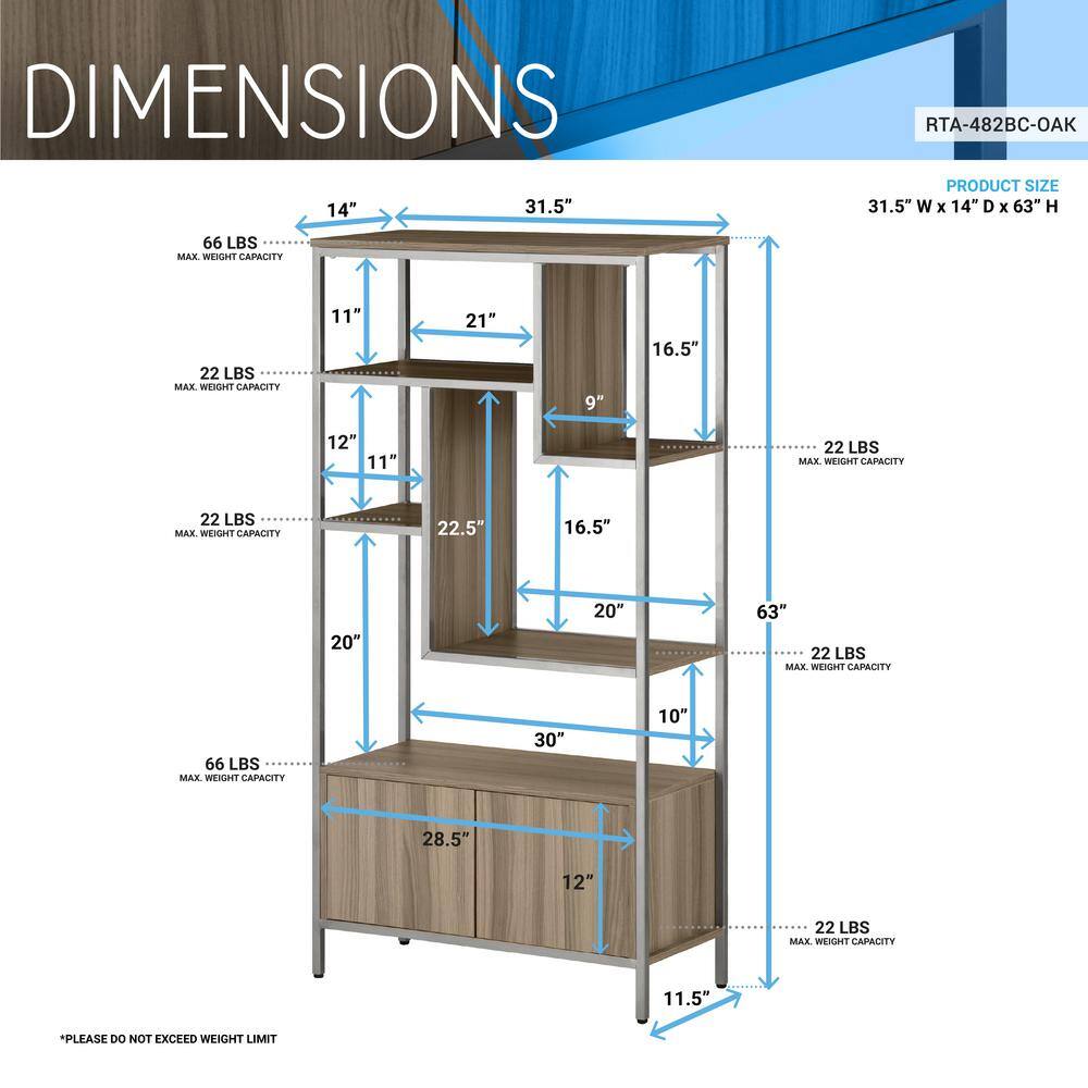 Oak and Silver Adjustable Bookcase with Doors