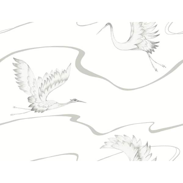 60.75 sq.ft. Silver Soaring Cranes Wallpaper