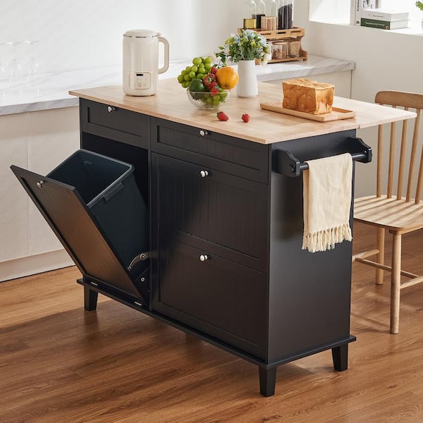 SVOPES 50 in. Kitchen Cart, Wood Top Breakfast Bar with Trash Cabinet, 10 Gal. Storage, Drop Leaf Table, Black