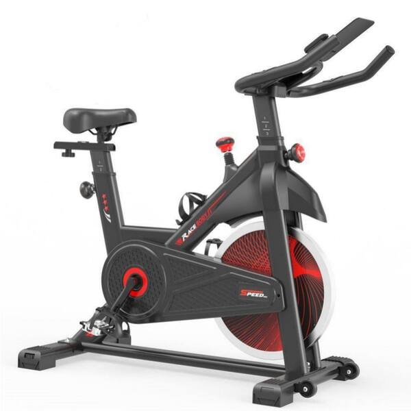 Amucolo Black Red Steel Indoor Cycling Exercise Bike with Comfortable Cusion, LCD Display and Hand Pulse