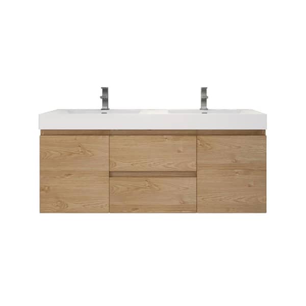 Moreno Bath Fortune 60 in. W Bath Vanity in New England Oak with Reinforced Acrylic Vanity Top in White with White Basins
