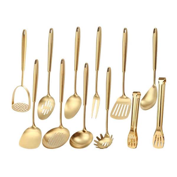 12-Piece Matte Gold Stainless Steel Kitchen Utensil Set with Serving and Cooking Tools Accessory Set
