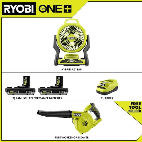 ONE+ 18V Cordless Hybrid 7.5 in. Fan Kit w/ (2) 2Ah Batteries, Charger, w/ FREE ONE+ 18V Cordless Compact Blower