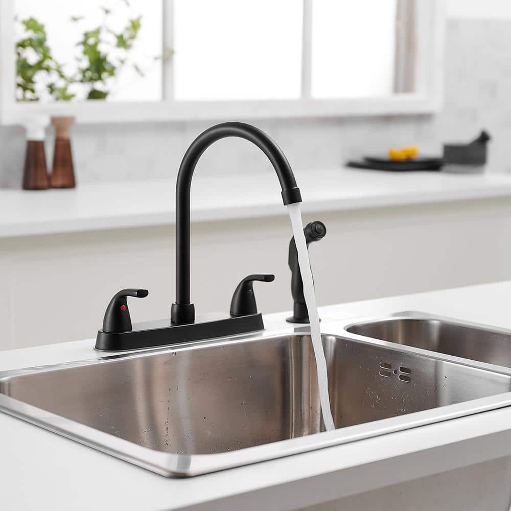 Matte Black Double Handle Bridge Kitchen Faucet with Pull-out Spray