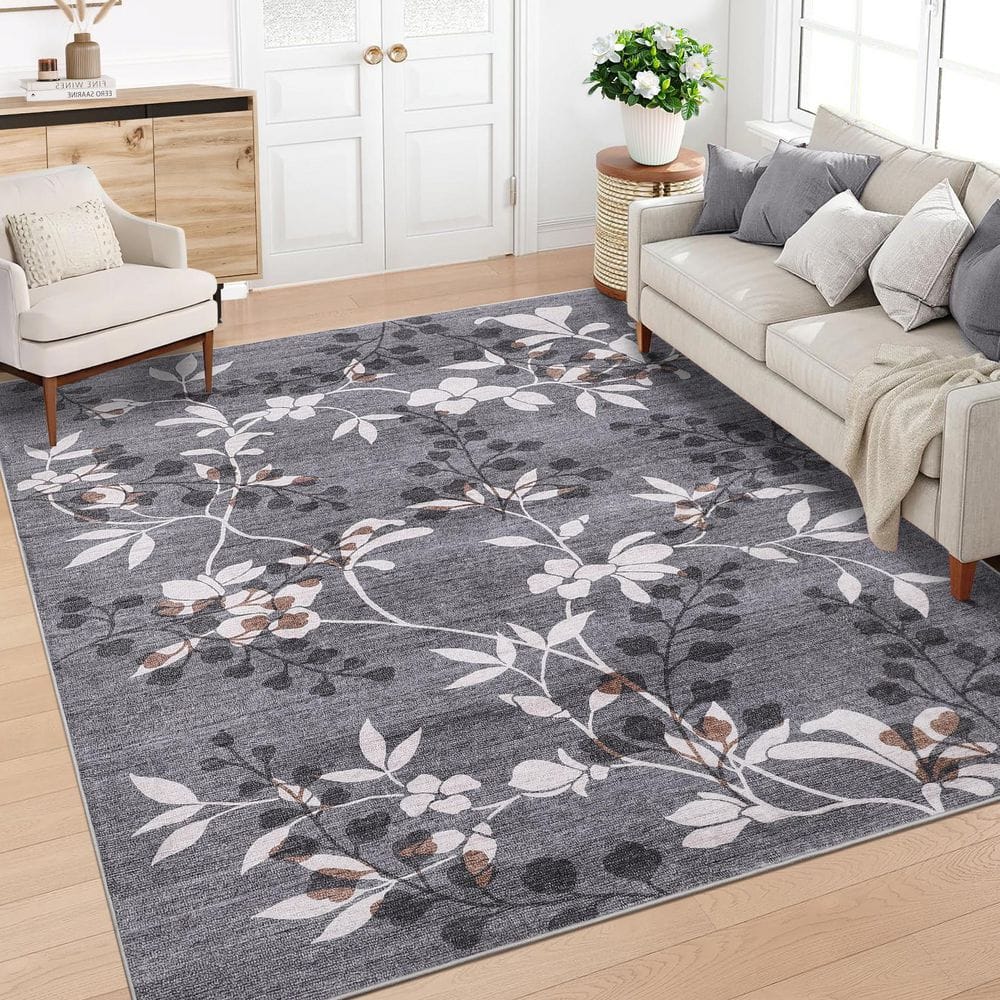 Gray 8 ft. x 10 ft. Flower Print Rug Soft Foldable Indoor Carpet