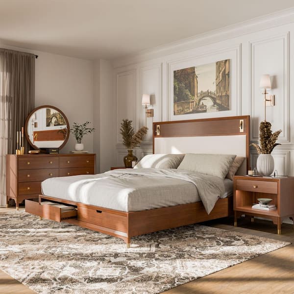 Forma 5-Piece Mid Century Walnut Wood King Storage Platform Bedroom Set with Reading Lights