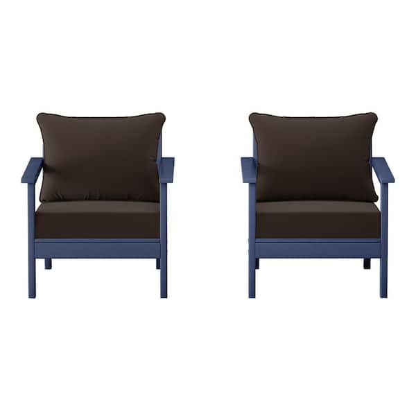 Birchwood Navy Blue Outdoor Patio (Set of 2) Deep Seating HDPE Lounge Chairs w/ Brown Cushions