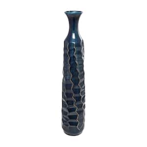 48 in. Teal Tall Geometric Floor Ceramic Decorative Vase with Gold Accents