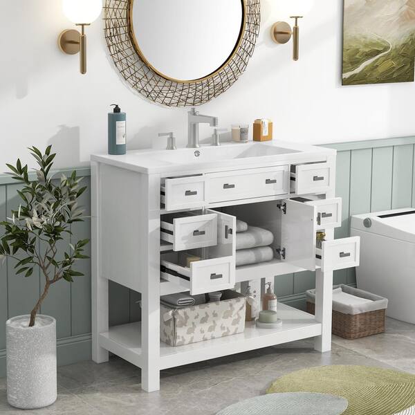 Nestfair 35 in. W x 18 in. D x 34 in. H Single Sink Freestanding Bath Vanity in White with White Resin Top