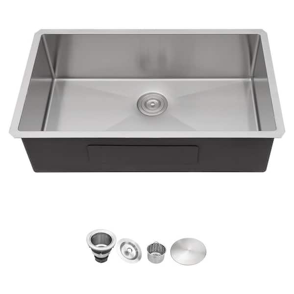 30 in. Undermount Single Bowl 16 Gauge Brushed Stainless Steel Large Deep Kitchen Sink with Bottom Grids
