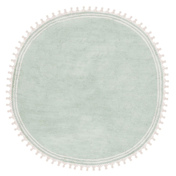 Easy Care 8 ft. x 8 ft. Teal/Ivory Machine Washable Solid Striped Border Round Area Rug