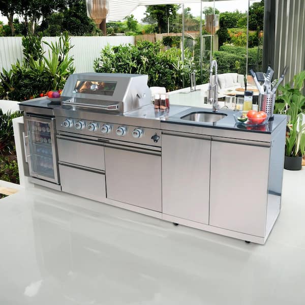 Deluxe Series Outdoor 4-Burner Propane Gas Grill Island 46 in. Stainless Steel with Rotisserie, Wine Cooler, Silver