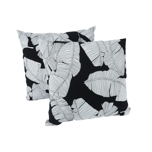 18. in Square Outdoor /Indoor Throw Pillows with Inserts, Decorative Pillow Covers Black with White leaf (2-Pack)