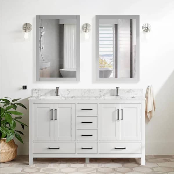 ANGELES HOME 60 in. W x 22 in. D Solid Wood Freestanding White Bath Vanity with Carrara White Marble Top and Double Ceramic Sink