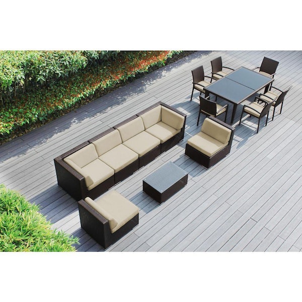 Ohana Dark Brown 14-Piece Wicker Patio Set with Stackable Dining Chairs and Sunbrella Antique Beige Cushions