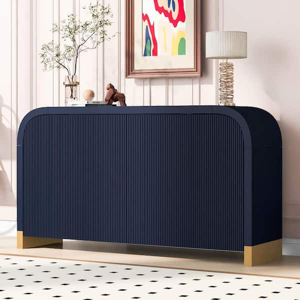 Curved Design Navy Blue Wood 59.8 in. Sideboard with Adjustable Shelves and 4 Wavy Door