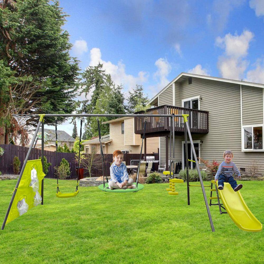 Green Outdoor Metal Swing Set with Slide, 31.5 in Net Swing for Age 3+