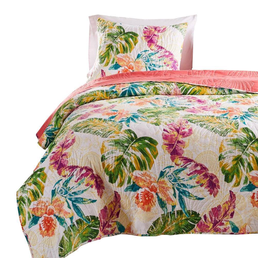 Tropical Leaf Print Reversible Twin Microfiber Quilt Set