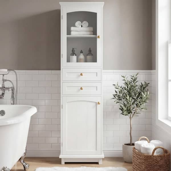 18 in. W x 14 in. D x 63 in. H White Freestanding Linen Cabinet