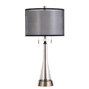 33.75 in. Amber Finished Glass Lamp Body with Brushed Brass Metal Accents and Base Indoor Table Lamp with Fabric Shade