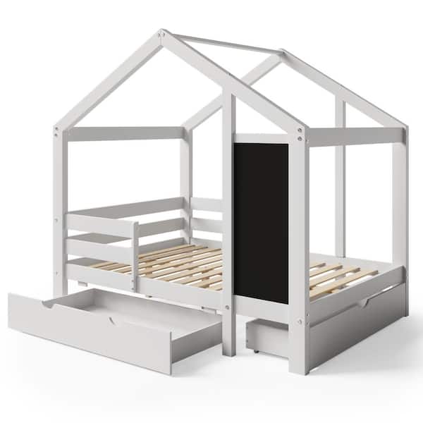 Polibi White Full House Bed, Kid Bed with Blackboard and Drawers, 2 Assembly Options