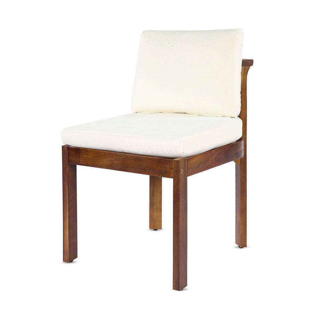Dudley 5-Piece Wood Patio Outdoor Dining Set with Cream+Brown Cushions Dining Chair and Teak Round Dining Table