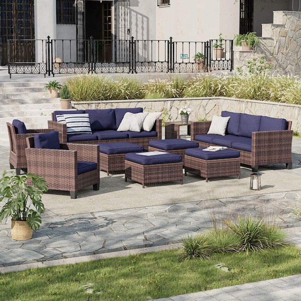 9-Piece Patio Sofa Set Brown Wicker Outdoor Furniture Set with Side Table, Navy Blue