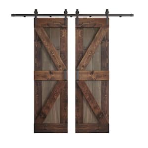 K Series 48 in. x 84 in. Smoky Gray/Kona Coffee Knotty Pine Wood Double Sliding Barn Door with Hardware Kit