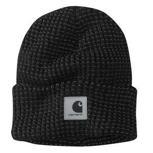 Men's os Black Acrylic/Polyester Knit Beanie with Reflective Patch Hat