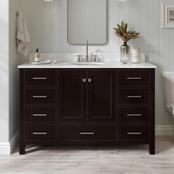 ARIEL Cambridge 55 in. W x 22 in. D x 35.25 in. H Vanity in Espresso with Marble Vanity Top in White with Basin