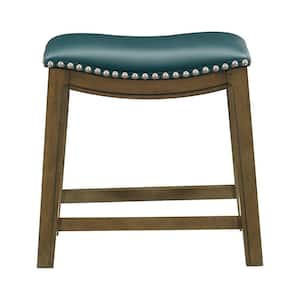Pecos 19 in. Brown Wood Dining Stool with Green Faux Leather Seat