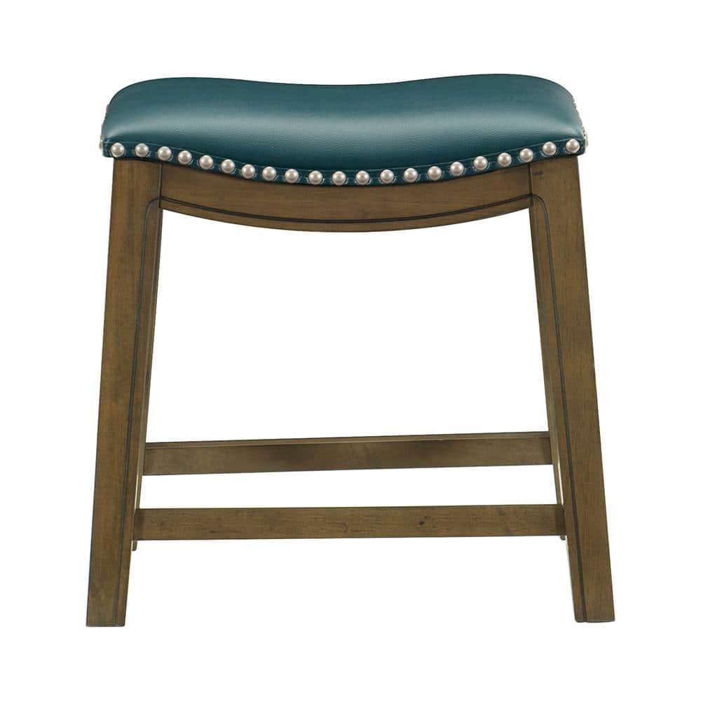 Green Backless Saddle Style Wood and Leather Counter Stool