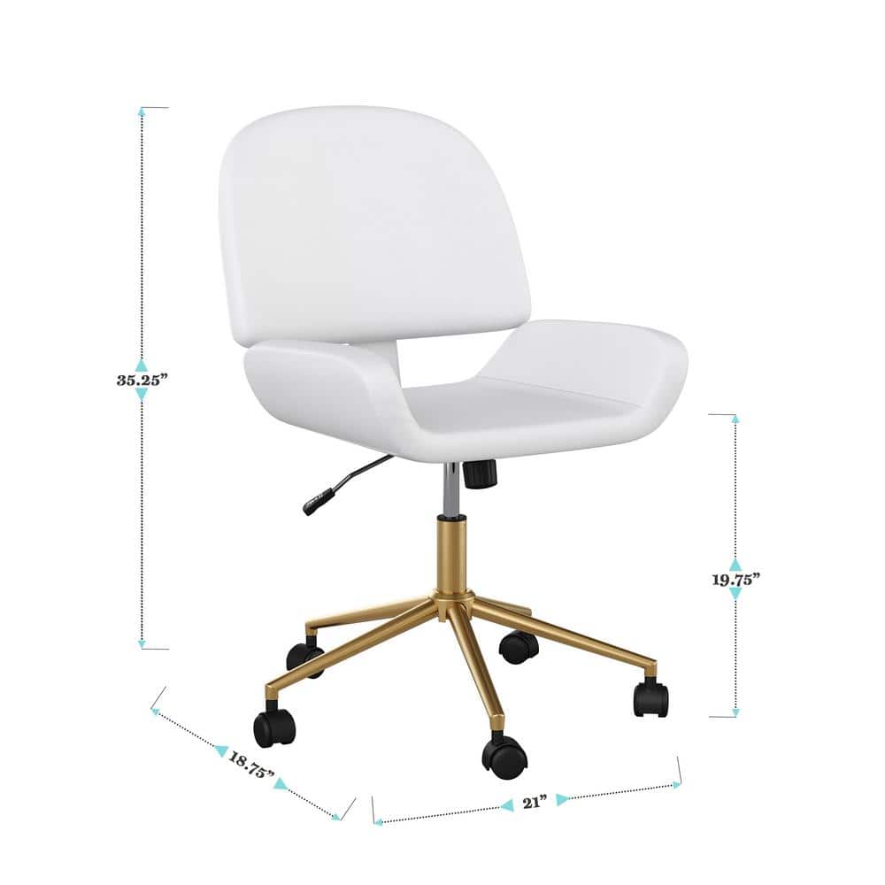 White Faux Leather Armless Swivel Office Chair with Brass Base