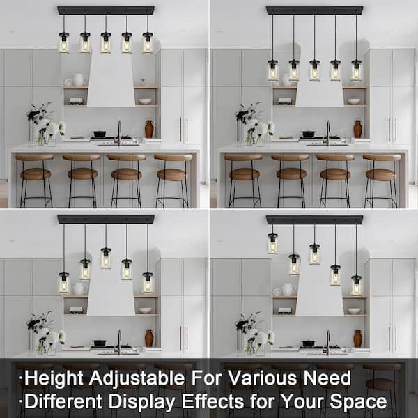 TinHon 5-Light Glass Mason Jar Pendant Light, Matte Black