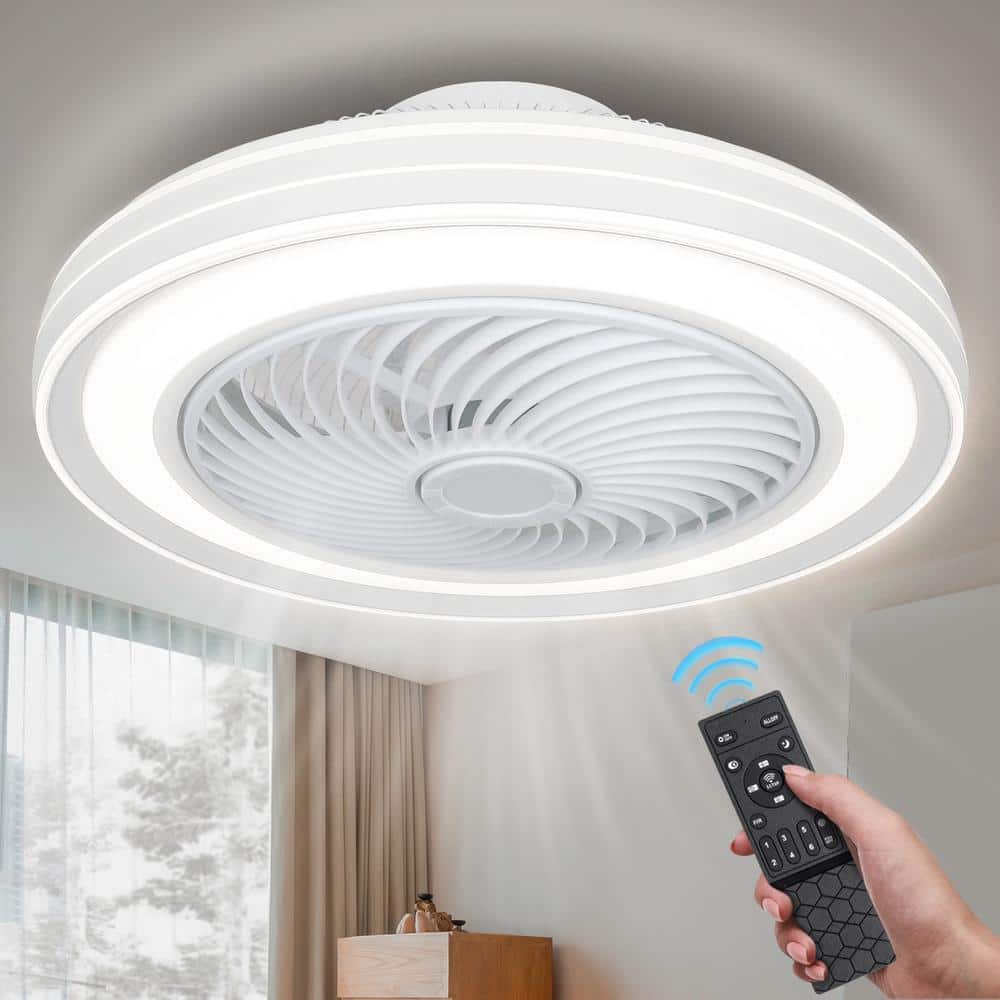 20 in. Indoor White Modern Low Profile Ceiling Fan with LED Light Caged Enc