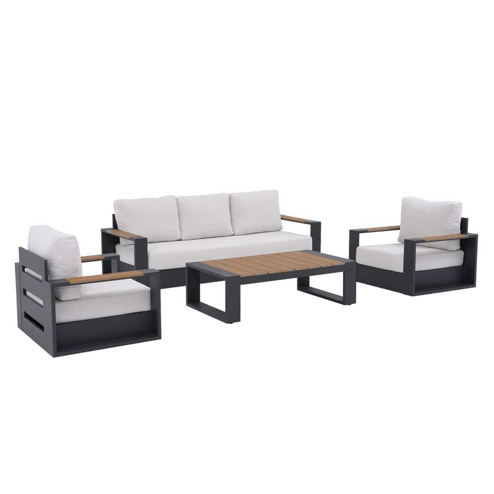 Modern Aluminum Outdoor Black Sectional 3-Seat Sofa & Armchairs & Wood Top Coffee Table, with White Cushions & Pillows price history on PriceWatchPro