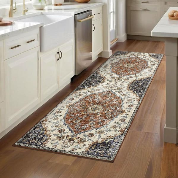 Vintage Printed Rug Low Pile Non-Slip Thin Carpet Living Room Decorative Carpet for Bedroom Kitchen Red，2X6ft