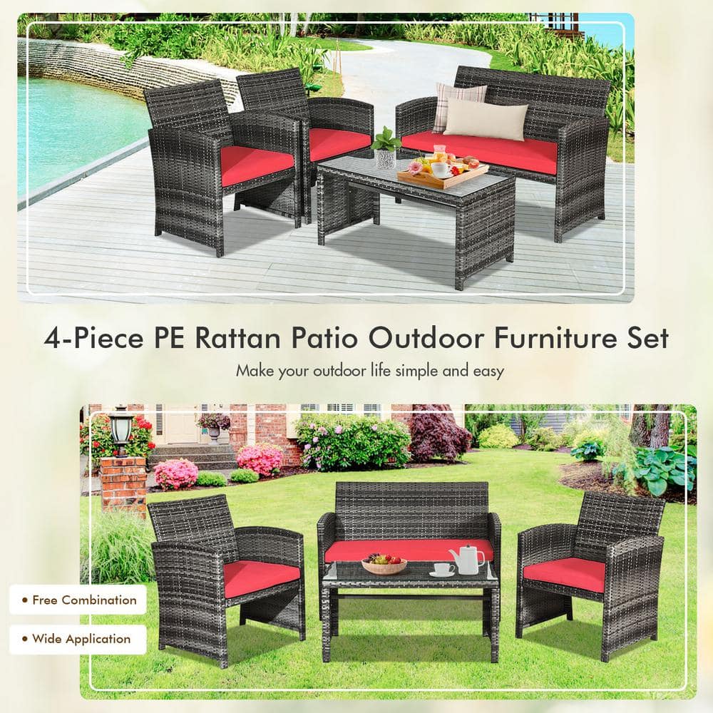 Red Cushioned Black Wicker 4-Piece Patio Furniture Set