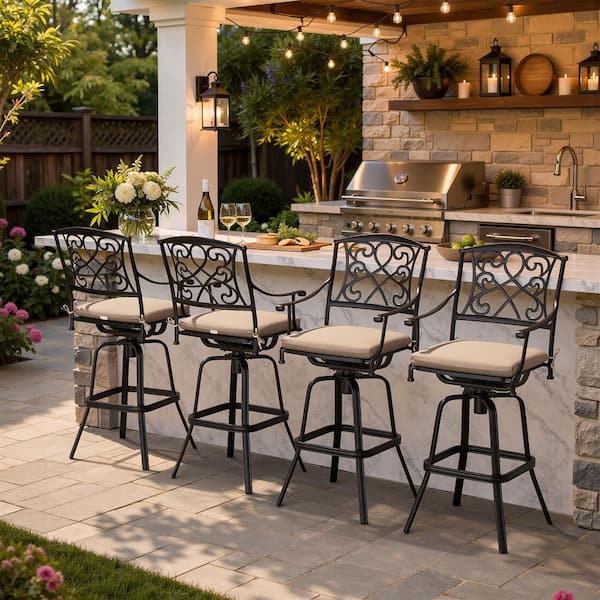 4-Pack Cast Aluminum Outdoor Bar Stools Swivel Patio Bar Stools with Sunbrella Cushion in Beige High Top Patio Stools