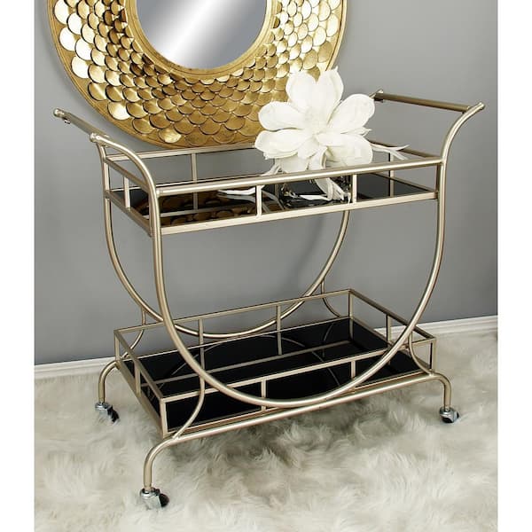 Litton Lane Silver Rolling 2 Black Shelves Bar Cart with Handles