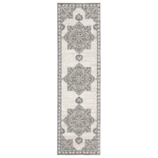 AVERLEY HOME Edgewater Ivory/Blue 2 ft. x 8 ft. Vintage Center Oriental Medallion Polyester Indoor Runner Area Rug