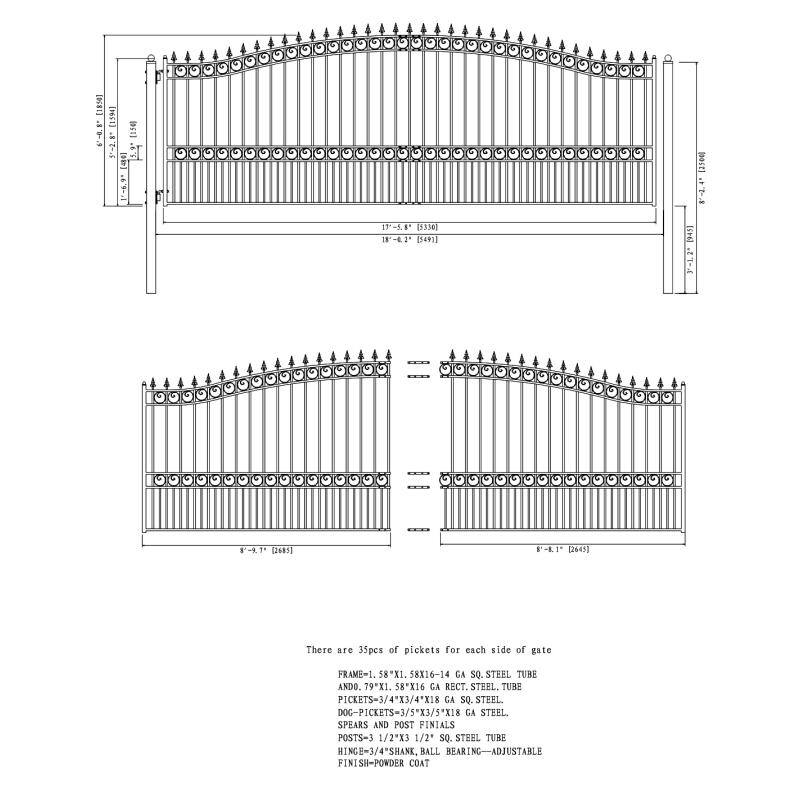 London Style Black Steel Dual Swing Driveway Gate 18 x 6 Feet
