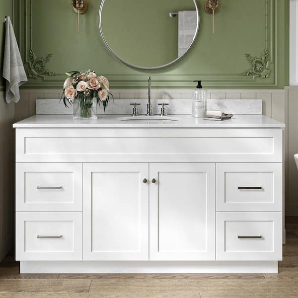 ARIEL Hamlet 61 in. W x 22 in. D x 35.25 in. H Bath Vanity in White with Carrara Marble Vanity Top