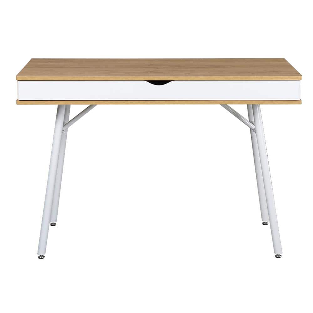 Pine and White Mid-Century Modern Desk with Multi-Storage