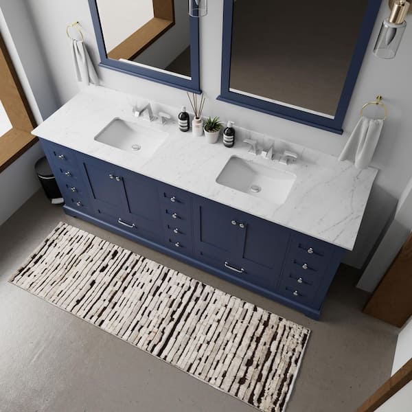 Dukes 84 in. W x 22 in. D Navy Blue Double Bath Vanity, Carrara Marble Top, and 34 in. Mirrors
