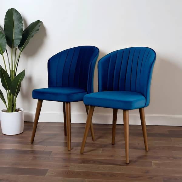 Noble House Arleen Navy Blue Velvet Upholstered Dining Chair, Solid Wood Legs (Set of 2)