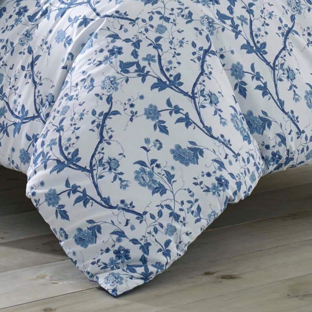 Elise Blue and White Cotton Floral Full/Queen Duvet Cover Set