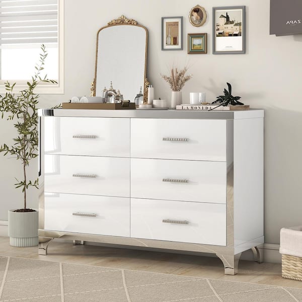 Harper & Bright Designs White Elegant High Gloss 6-Drawer 47.2 in. Dresser with Metal Handle